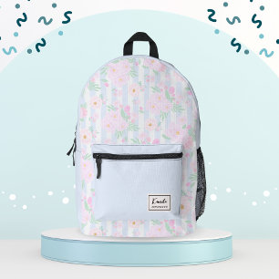 Chic Pink Watercolor Floral & Stripes Monogrammed Printed Backpack