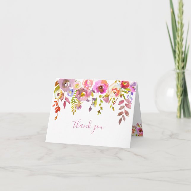 Chic Pink Watercolor Floral thank you note Card (Front)