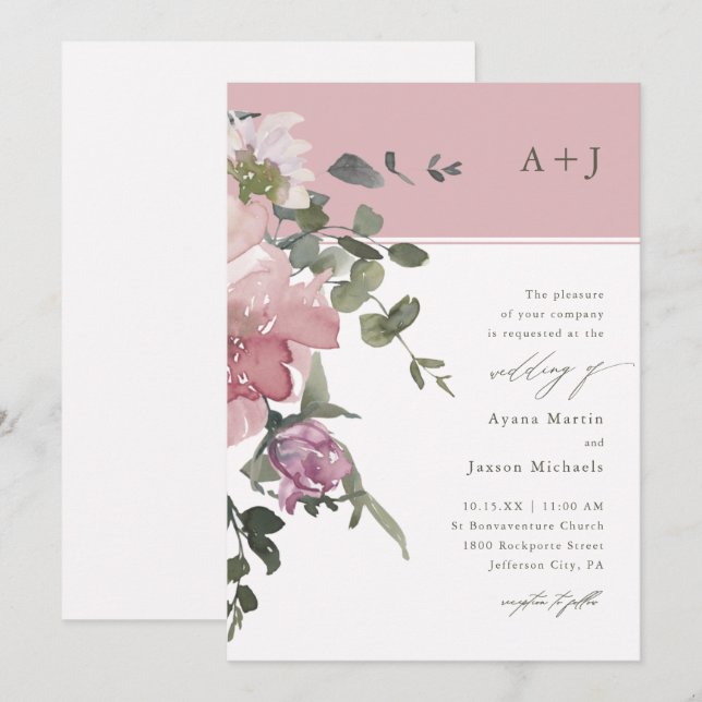 Chic Pink Watercolor Floral Wedding Invitation (Front/Back)
