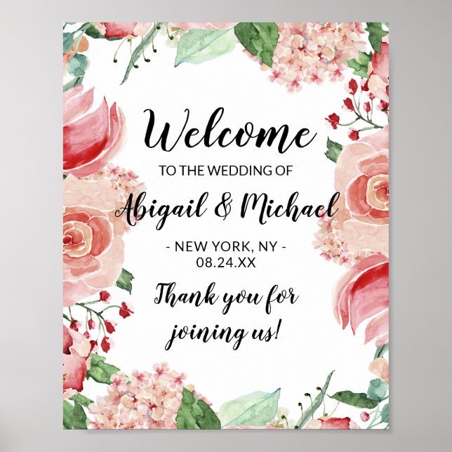 Chic Pink Watercolor Floral Wedding Welcome Sign (Front)
