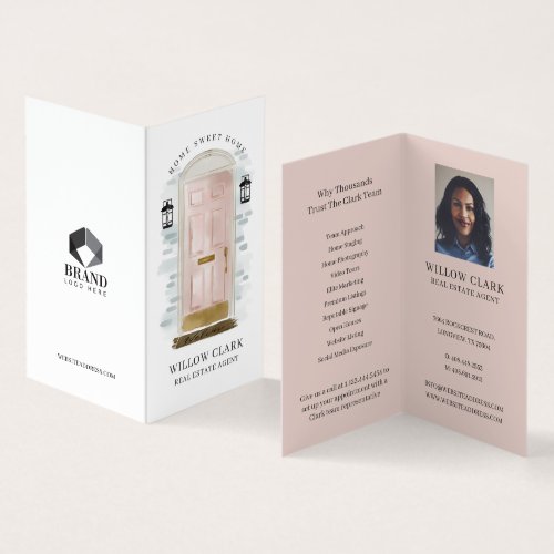 Chic Pink Watercolor Front Door Photo  Services Business Card