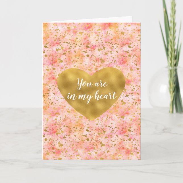 Chic Pink Watercolor Gold Confetti Heart Card (Front)