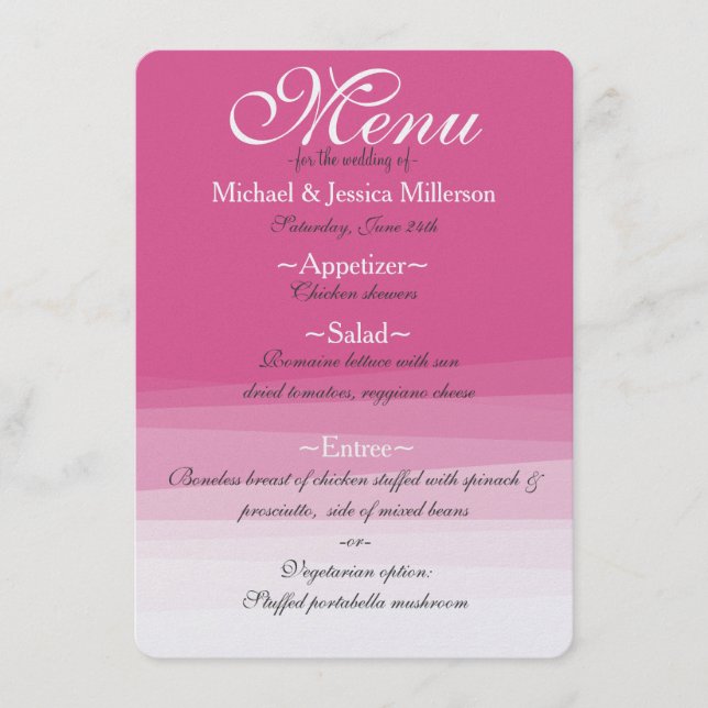 Chic Pink Watercolor Ombre Wedding Menu (Front)