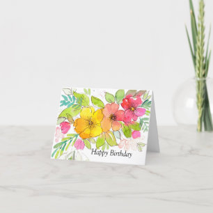 chic pink watercolor pen and ink floral birthday thank you card