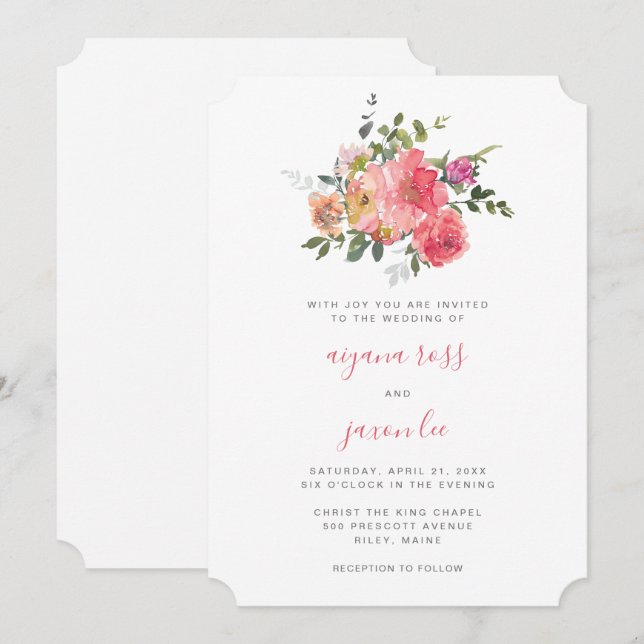 Chic Pink Watercolor Peony Bouquet Wedding Invitation (Front/Back)