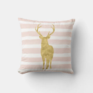 Chic Pink Watercolor Stripes Gold Deer Throw Pillow