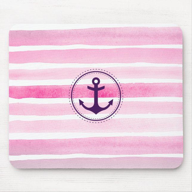 Chic Pink Watercolors Stripes Nautical Anchor Mouse Pad (Front)