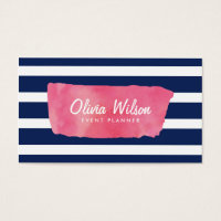 Chic Pink Watercolour & Blue Stripes Social Media Business Card