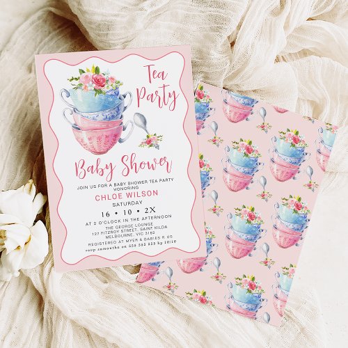 Chic Pink Wave Floral Baby Shower Tea Party Invitation