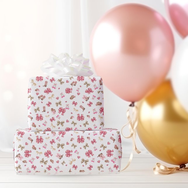 Chic Pink Western Cowgirl Boots, Hats & Bows Wrapping Paper (Creator Uploaded)