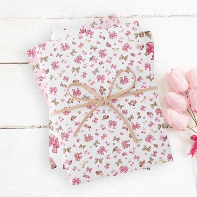 Chic Pink Western Cowgirl Boots, Hats & Bows Wrapping Paper Sheets (Creator Uploaded)