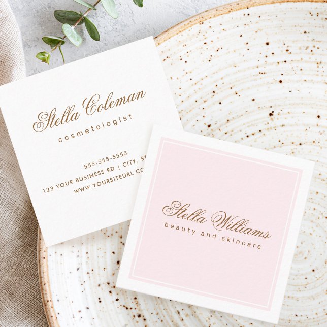 Chic pink white beauty skincare minimalist square business card (Chic, light pink and white beauty skincare minimalist square business card)
