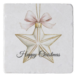 Chic Pink White Bow Star Christmas Trivet