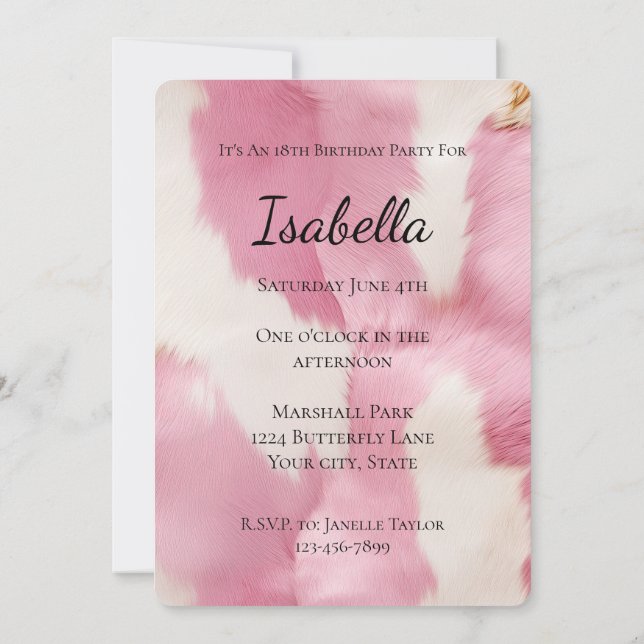 Chic Pink White Cowgirl Cowhide Birthday Invitation (Back)