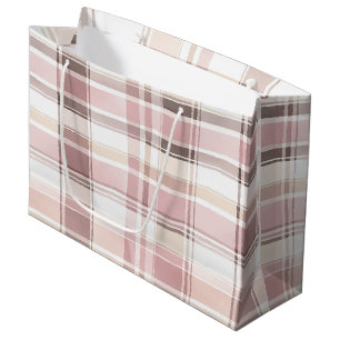 Chic Pink White Cream Plaid Stripes Christmas Large Gift Bag