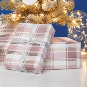 Chic Pink White Cream Plaid Stripes Christmas Wrapping Paper