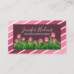 Chic Pink White Diagonal Stripes Tulip Business Card