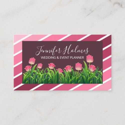 Chic Pink White Diagonal Stripes Tulip  Business Card