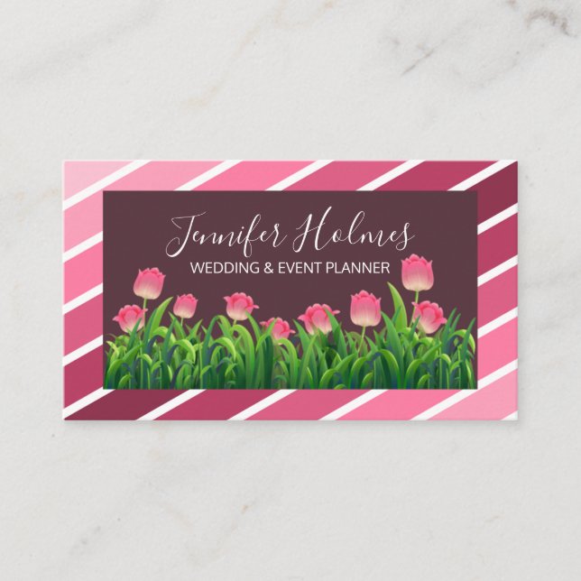 Chic Pink White Diagonal Stripes Tulip  Business Card (Front)