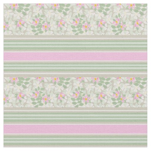 Chic Pink White Dog Roses on Taupe Striped Fabric
