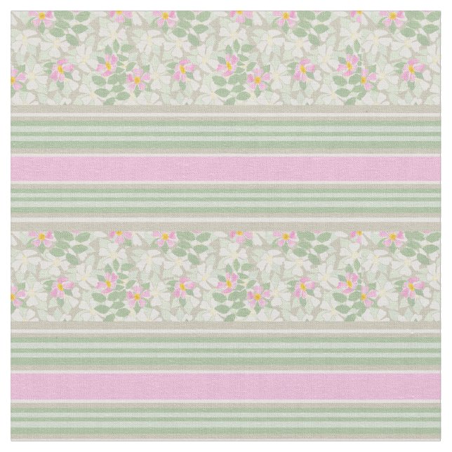 Chic Pink White Dog Roses on Taupe Striped Fabric (Close Up)