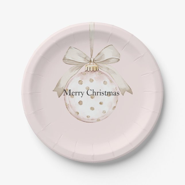 Chic Pink White Dots Bow Ornament Christmas Paper Plates (Front)