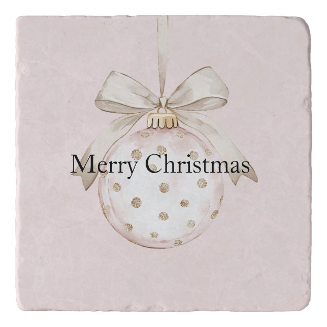 Chic Pink White Dots Bow Ornament Christmas Trivet (Front)