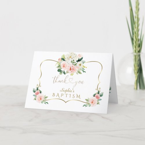 Chic Pink White Floral Gold Baptism Calligraphy Thank You Card