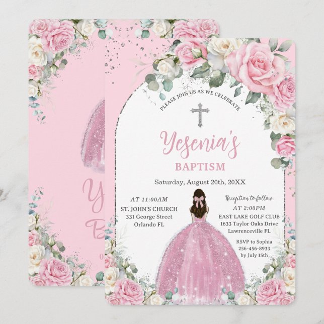 Chic Pink White Floral Silver Arch Baptism Invitation (Front/Back)