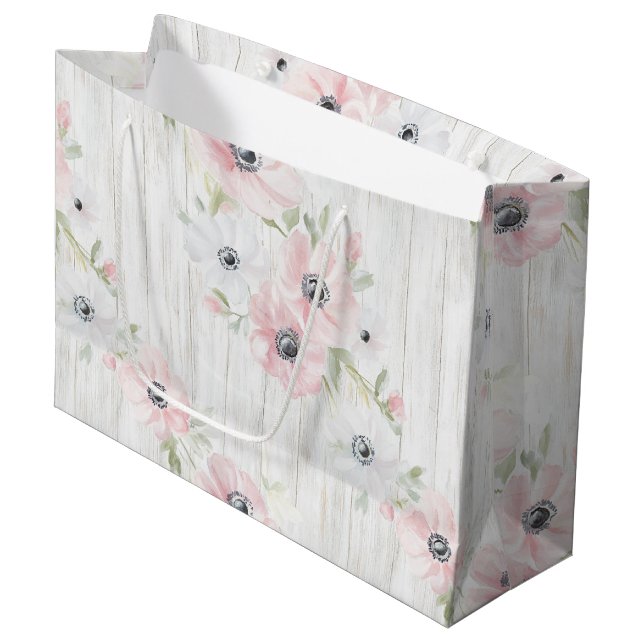 Chic Pink White Flowers Bridal Shower Large Gift Bag (Front Angled)