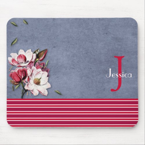 Chic Pink  White Flowers Monogram Stripes  Stamp Mouse Pad