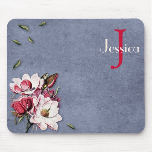 Chic Pink  White Flowers Monogrammed Stamped Blue Mouse Pad