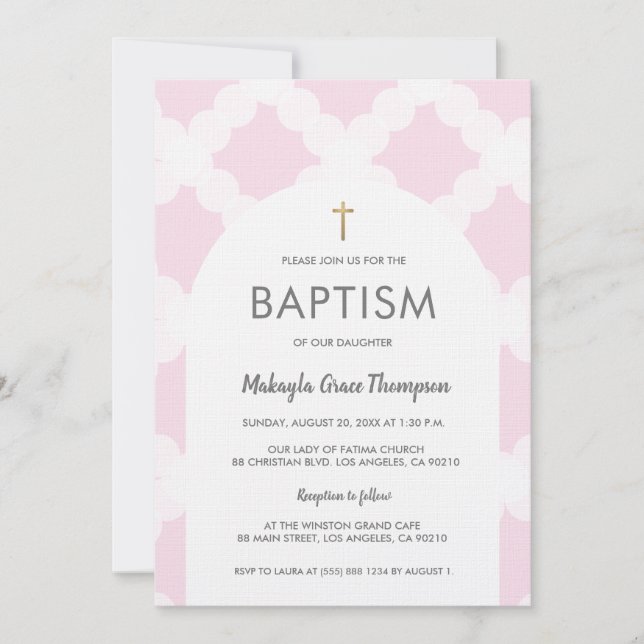 Chic Pink White Gold Cross Arch Baby Baptism Invitation (Front)