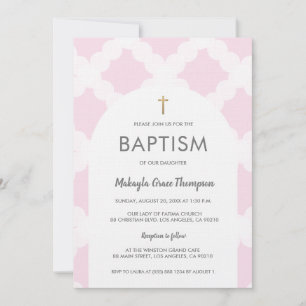 Chic Pink White Gold Cross Arch Baby Baptism Invitation