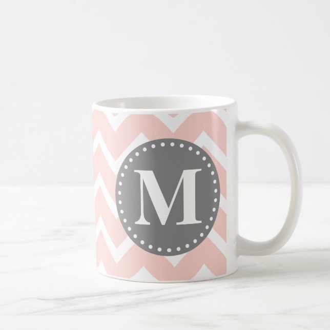 Chic Pink White Gray Zigzag Chevron Monogram Coffee Mug (Right)