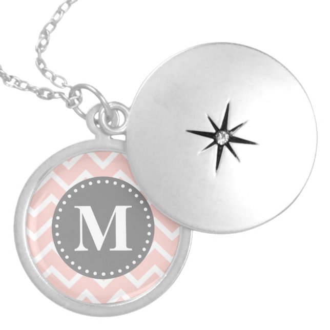Chic Pink White Gray Zigzag Chevron Monogram Locket Necklace (Front)
