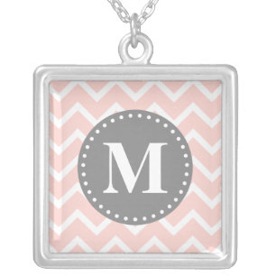 Chic Pink White Gray Zigzag Chevron Monogram Silver Plated Necklace