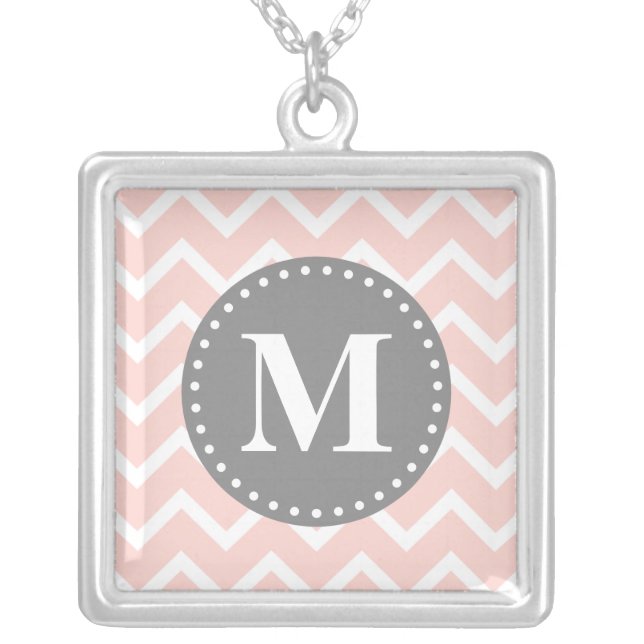 Chic Pink White Gray Zigzag Chevron Monogram Silver Plated Necklace (Front)