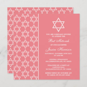 Chic Pink & White Jewish Star Of David Bat Mitzvah Invitation