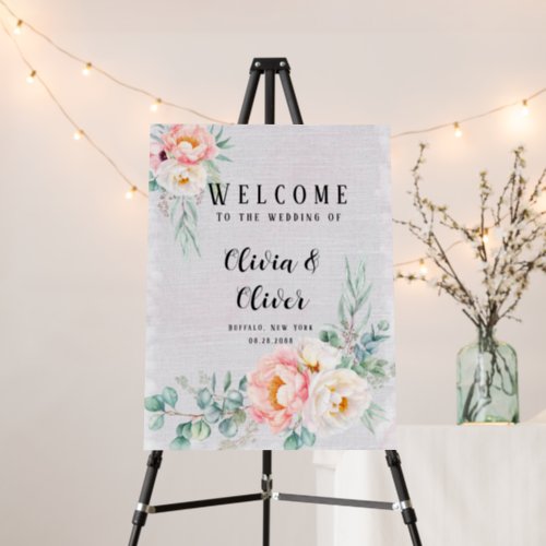 Chic Pink White Peony Wedding Welcome Sign