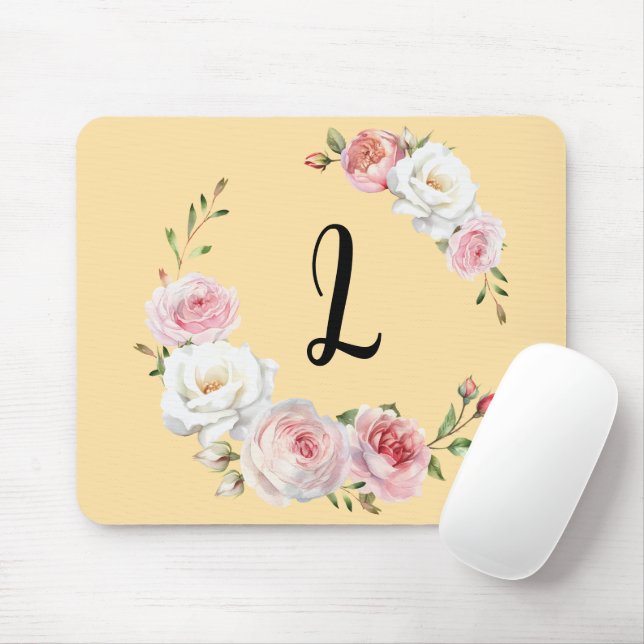 Chic Pink White Roses Initial Script Beige Mouse Pad (With Mouse)