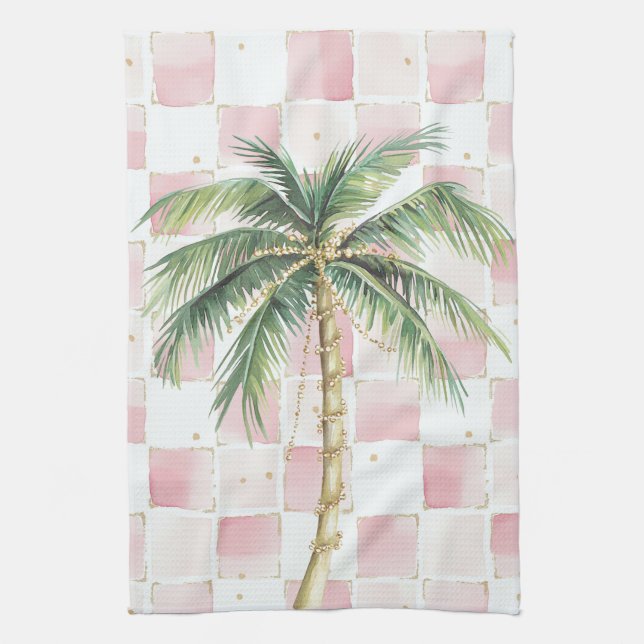 Chic Pink White Squares Gold Palm Tree  Kitchen Towel (Vertical)