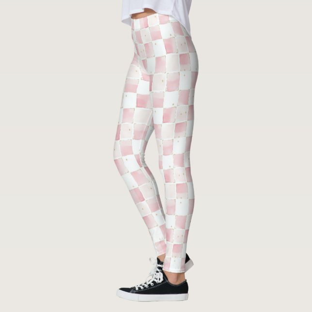 Chic Pink White Squares  Leggings (Left)