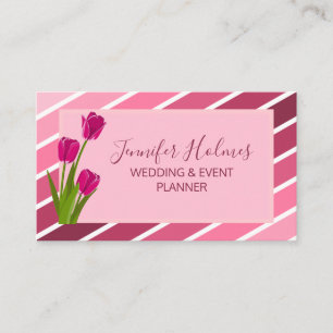 Chic Pink White Stripes Tulip Floral Business Card