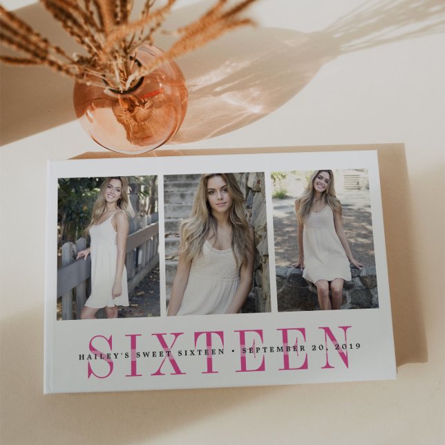 Chic Pink & White Sweet Sixteen Photo Guest Book