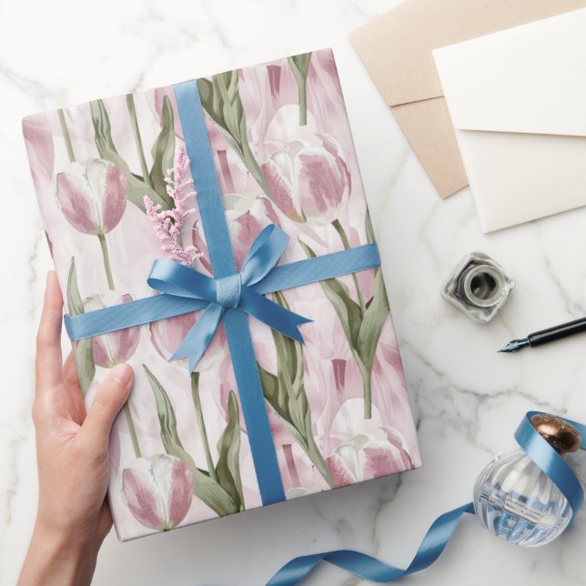 Chic Pink White Tulip Flowers Birthday Wrapping Paper (Gifting)