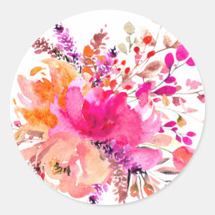 Chic Pink White Watercolor Floral Elegant Wedding Classic Round Sticker
