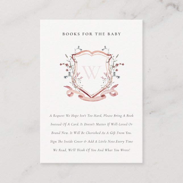 Chic Pink Wildflower Crest Books For Baby Shower Enclosure Card (Front)