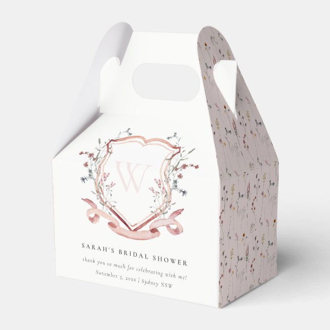 Chic Pink Wildflower Monogram Crest Bridal Shower Favor Boxes (Front Side)