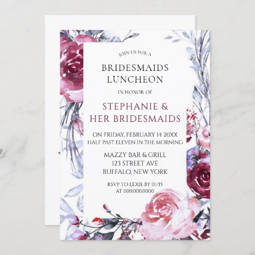 Chic Pink Wine Painted Roses Bridesmaids Luncheon Invitation